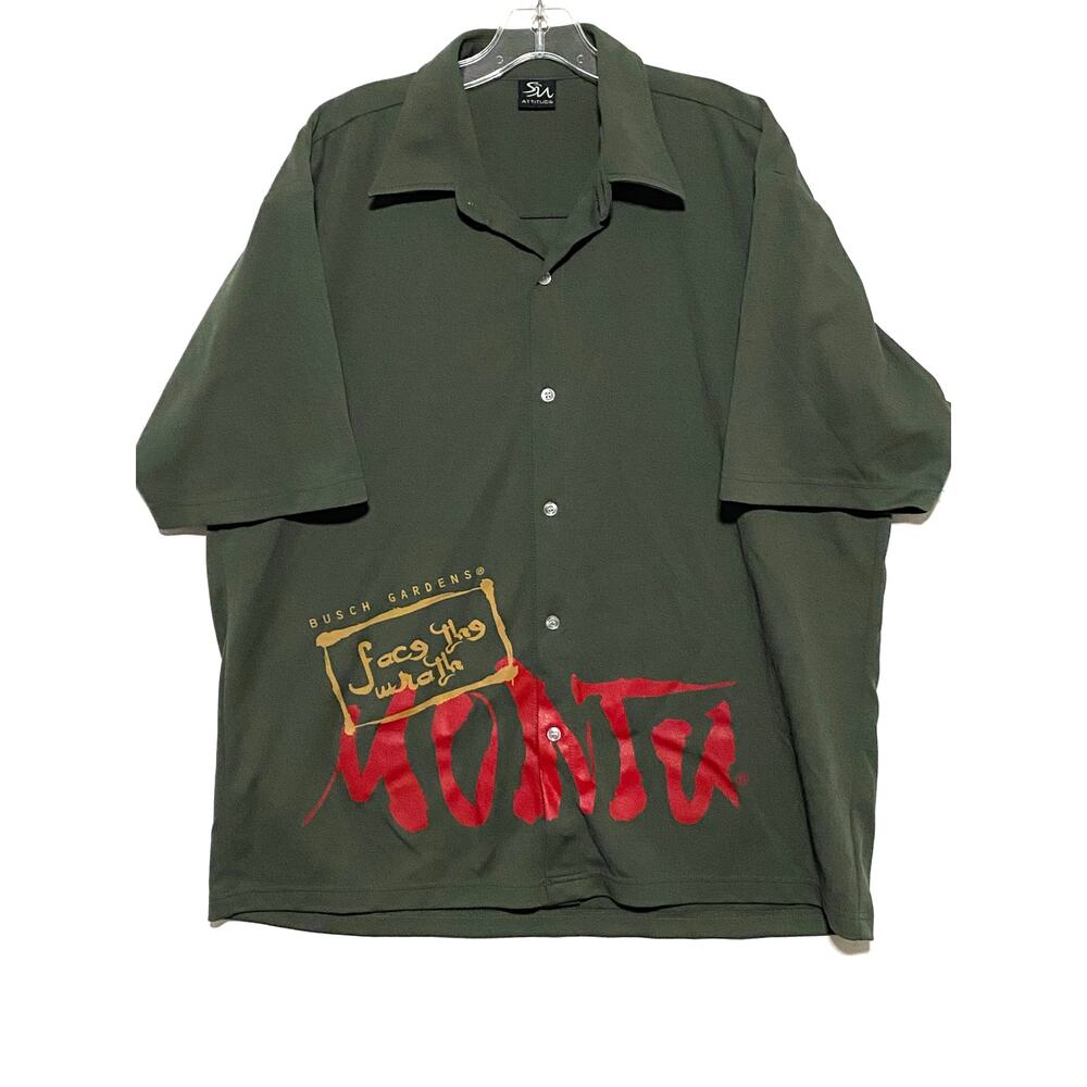Montu Ride Face The Wrath Busch Gardens Green Button Shirt Mens XL Polyester